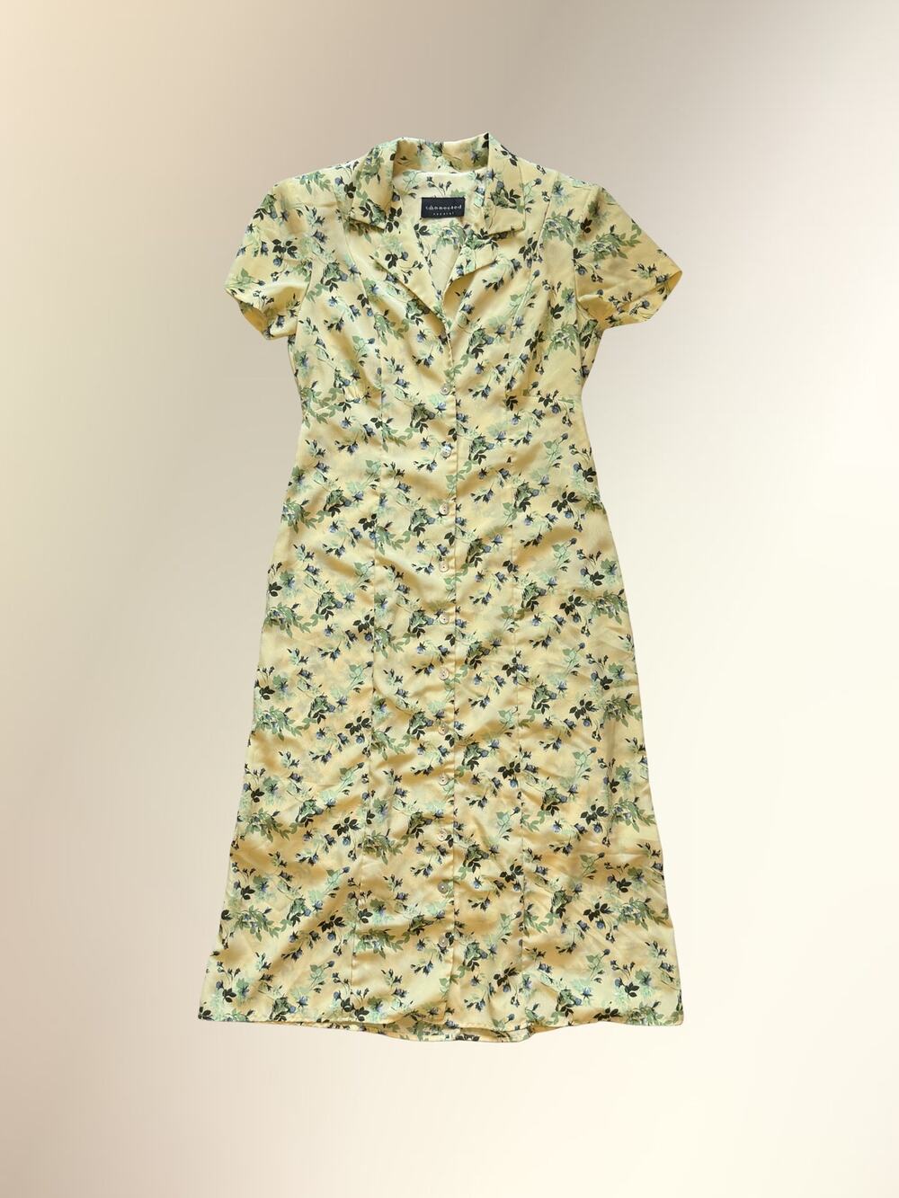 Vintage Connected Apparel Yellow Floral Collared Button Maxi Dress M/L